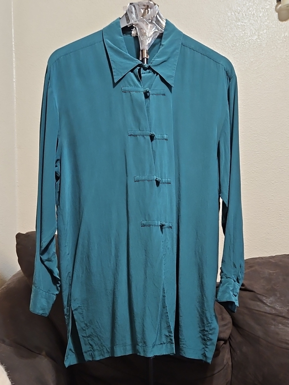 SilkLand 100%SilkTealMandarin-Inspired Long Sleeve Blouse